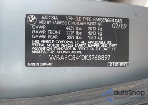 1989 BMW 635 Csi Automatic z USA, uszkodzony, nr VIN WBAEC8410K3268897